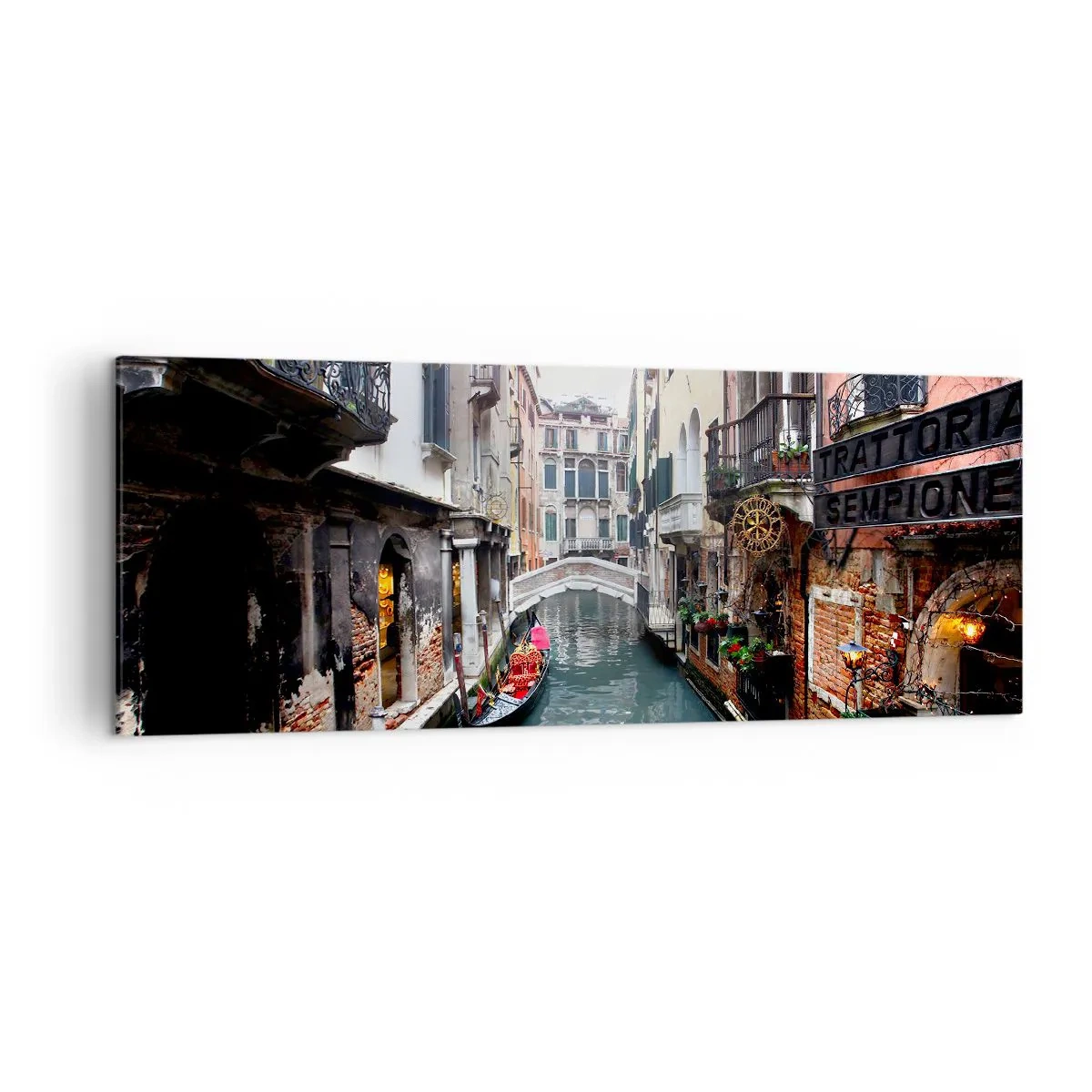 Quadro su tela - Stampe su Tela - Un canale a Venezia con una gondola ed edifici storici - 140x50cm - Paesaggio veneziano con gondola e ponte - Decorazione murale moderna per soggiorno e camera da letto ARTTOR