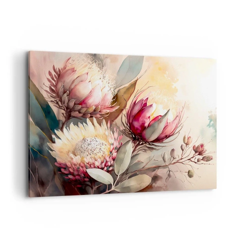 Quadro su tela - Stampe su Tela - Fiori di protea in delicate tonalità pastello - 100x70cm - Di profilo e di fronte - Decorazione murale moderna per soggiorno e camera da letto ARTTOR
