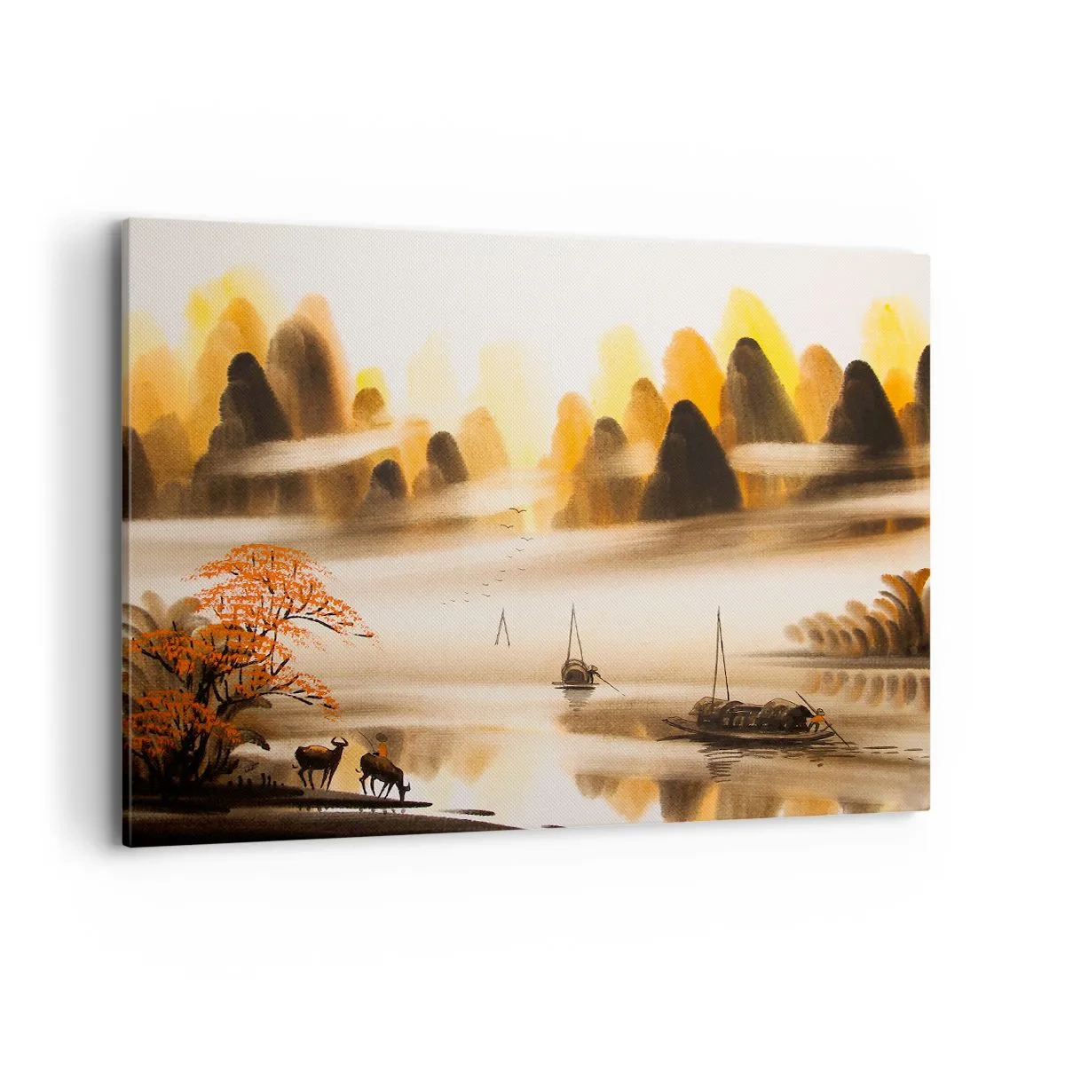 Quadro su tela - Stampe su Tela - Un paesaggio orientale con un fiume, montagne e una leggera nebbia. - 120x80cm - Oltre l'Estremo Oriente - Decorazione murale moderna per soggiorno e camera da letto ARTTOR