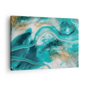 Quadro su tela - Stampe su Tela - Astrazione turchese con accenti bianchi e dorati - 70x50cm - Il fiume d'oro - Decorazione murale moderna per soggiorno e camera da letto ARTTOR