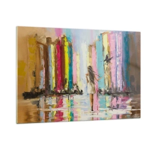 Quadro su vetro - Una donna con un uccello sullo sfondo di edifici colorati - 120x80cm - Seguimi - Decorazione murale moderna per soggiorno e camera da letto ARTTOR