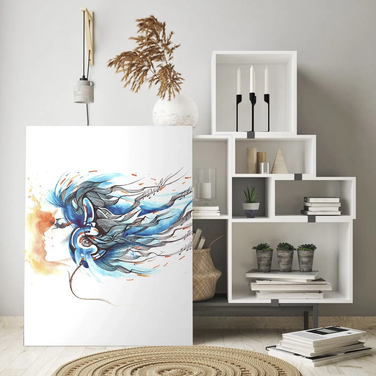 Quadro su vetro - Grafica artistica di una donna che indossa cuffie con accenti musicali - 70x100cm - Che suoni la musica - Decorazione murale moderna per soggiorno e camera da letto ARTTOR