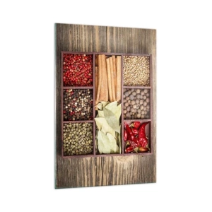 Quadro su vetro - Scatola di legno con varie spezie in scomparti - 70x100cm - Ordine delle forme, bouquet degli aromi - Decorazione murale moderna per soggiorno e camera da letto ARTTOR