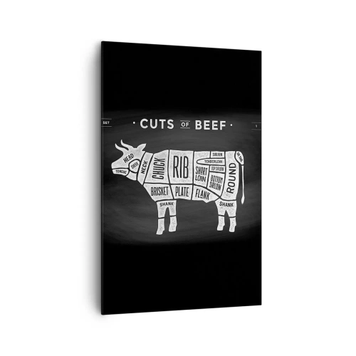 Quadro su tela - Stampe su Tela - Diagramma dei tagli di carne bovina su sfondo nero - 80x120cm - Il sillabario del macellaio - Decorazione murale moderna per soggiorno e camera da letto ARTTOR