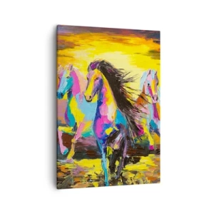 Quadro su tela - Stampe su Tela - Cavalli colorati al galoppo sullo sfondo del sole al tramonto - 50x70cm - Immersi nell'arcobaleno - Decorazione murale moderna per soggiorno e camera da letto ARTTOR