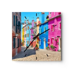 Orologio da parete - Orologio in Vetro - Edifici colorati in una stretta strada cittadina - 30x30cm - La cittadina dei pappagalli - Decorazione murale moderna per soggiorno e camera da letto ARTTOR