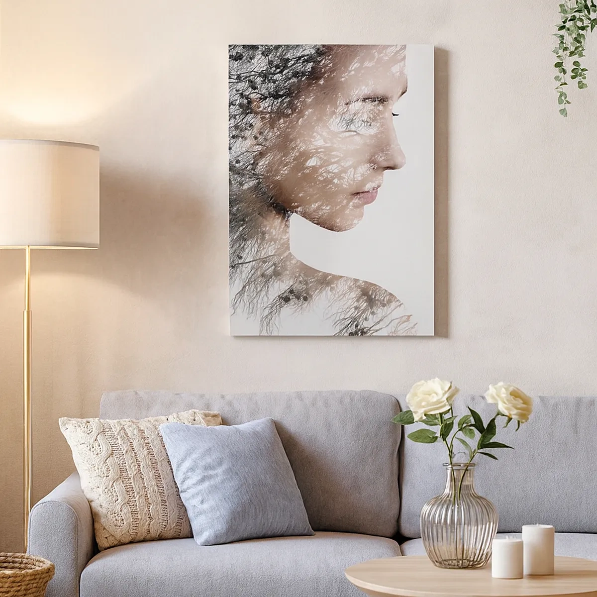 Quadro su tela - Stampe su Tela - Silhouette di una donna con un motivo di ramo e uccello sullo sfondo - 50x70cm - Lo spirito della foresta - Decorazione murale moderna per soggiorno e camera da letto ARTTOR