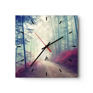 Orologio da parete - Orologio in Vetro - Un magico sentiero nel bosco circondato da alberi e nebbia - 30x30cm - Come è bello alzarsi all'alba - Decorazione murale moderna per soggiorno e camera da letto ARTTOR
