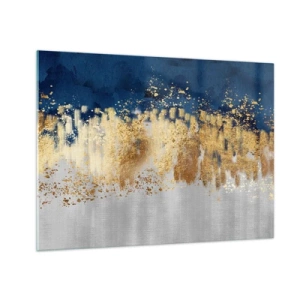 Quadro su vetro - Accenti dorati su sfondo blu navy e argento - 70x50cm - Composizione moderna con bagliore - Decorazione murale moderna per soggiorno e camera da letto ARTTOR