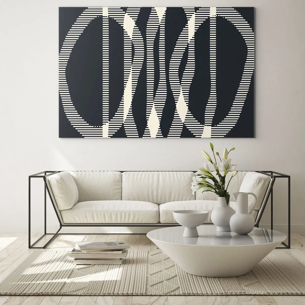 Quadro su vetro - Linee geometriche nei toni del nero e del beige - 70x50cm - Tentativo di rompere l'oscurità - Decorazione murale moderna per soggiorno e camera da letto ARTTOR