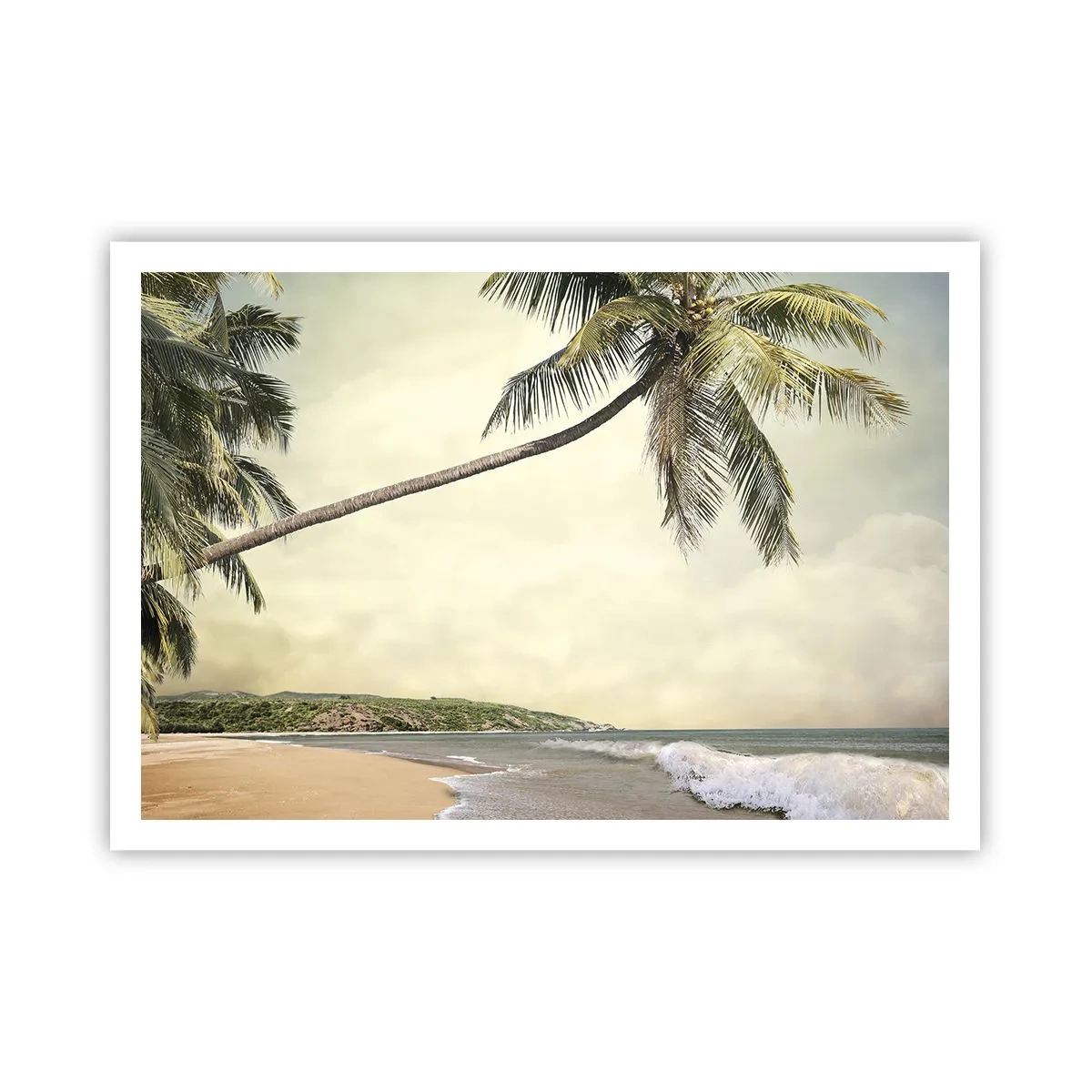 Poster - Una spiaggia con palme sullo sfondo di un mare calmo - 100x70cm - Sogno tropicale - Decorazione murale moderna per soggiorno e camera da letto ARTTOR