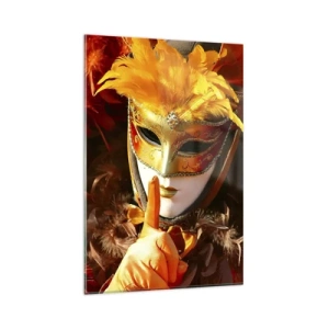 Quadro su vetro - Maschera di Carnevale nei toni dell'oro e dell'arancione - 80x120cm - Il mistero è parte del gioco - Decorazione murale moderna per soggiorno e camera da letto ARTTOR