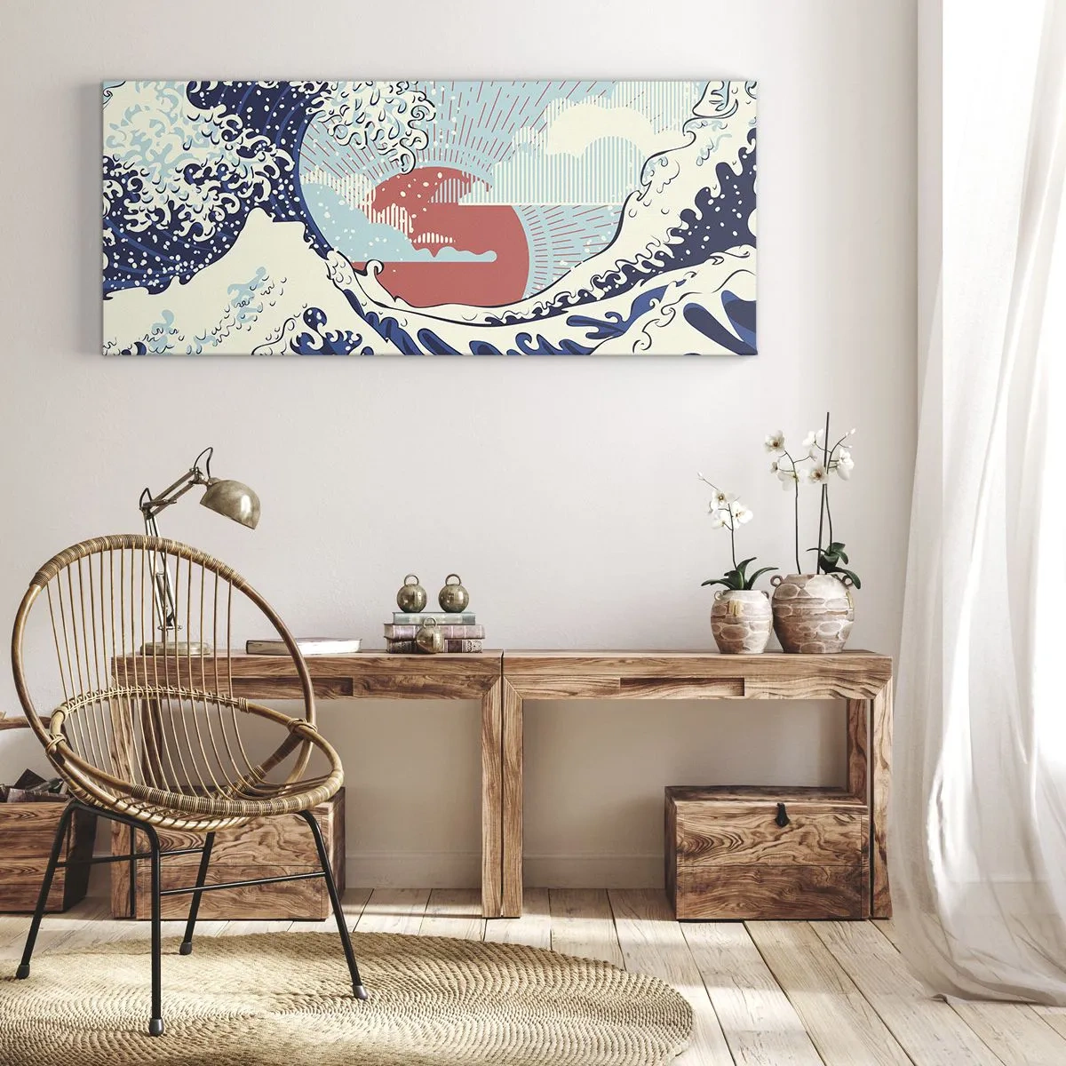 Quadro su tela - Stampe su Tela - Onde dell'oceano e un tramonto in stile giapponese - 140x50cm - Di ispirazione giapponese - Decorazione murale moderna per soggiorno e camera da letto ARTTOR