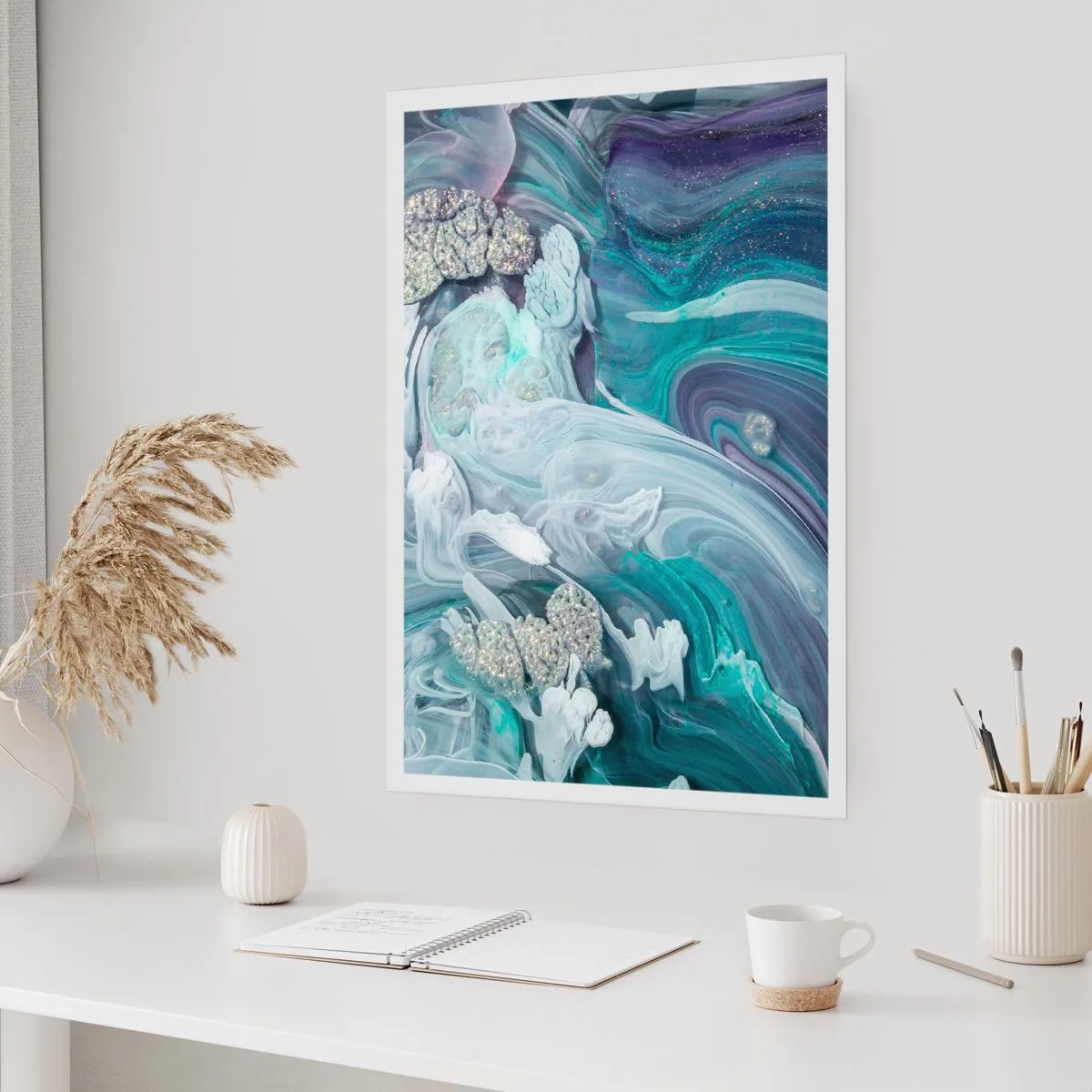 Poster - Un motivo astratto con vortici e texture blu e verdi. - 50x70cm - Correnti di blu - Decorazione murale moderna per soggiorno e camera da letto ARTTOR