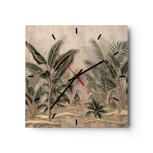 Orologio da parete - Orologio in Vetro - Palme e vegetazione tropicale nei toni del verde su sfondo beige - 30x30cm - Incisione in stile coloniale - Decorazione murale moderna per soggiorno e camera da letto ARTTOR