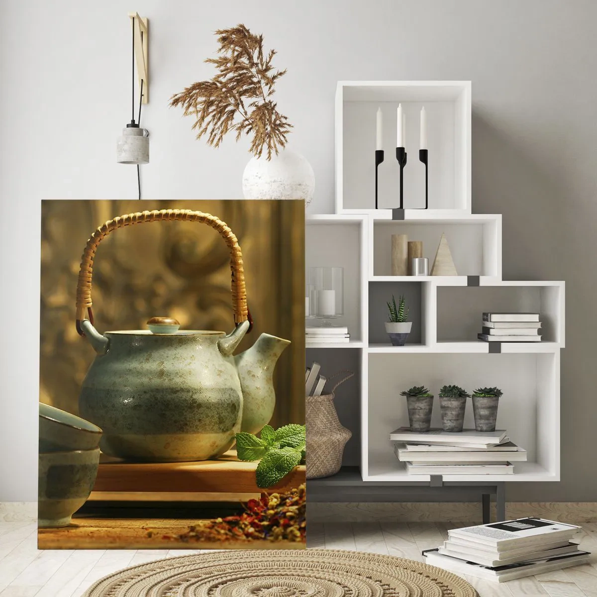 Quadro su vetro - Set da tè in ceramica con erbe aromatiche in una decorazione classica - 50x70cm - Trattato sul tè - Decorazione murale moderna per soggiorno e camera da letto ARTTOR