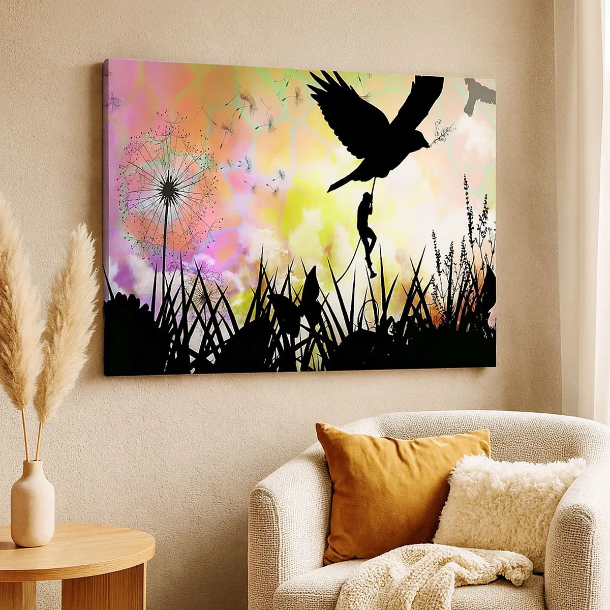 Quadro su tela - Stampe su Tela - Silhouette della natura con un uccello e un dente di leone - 70x50cm - Nell'atmosfera delle favole - Decorazione murale moderna per soggiorno e camera da letto ARTTOR
