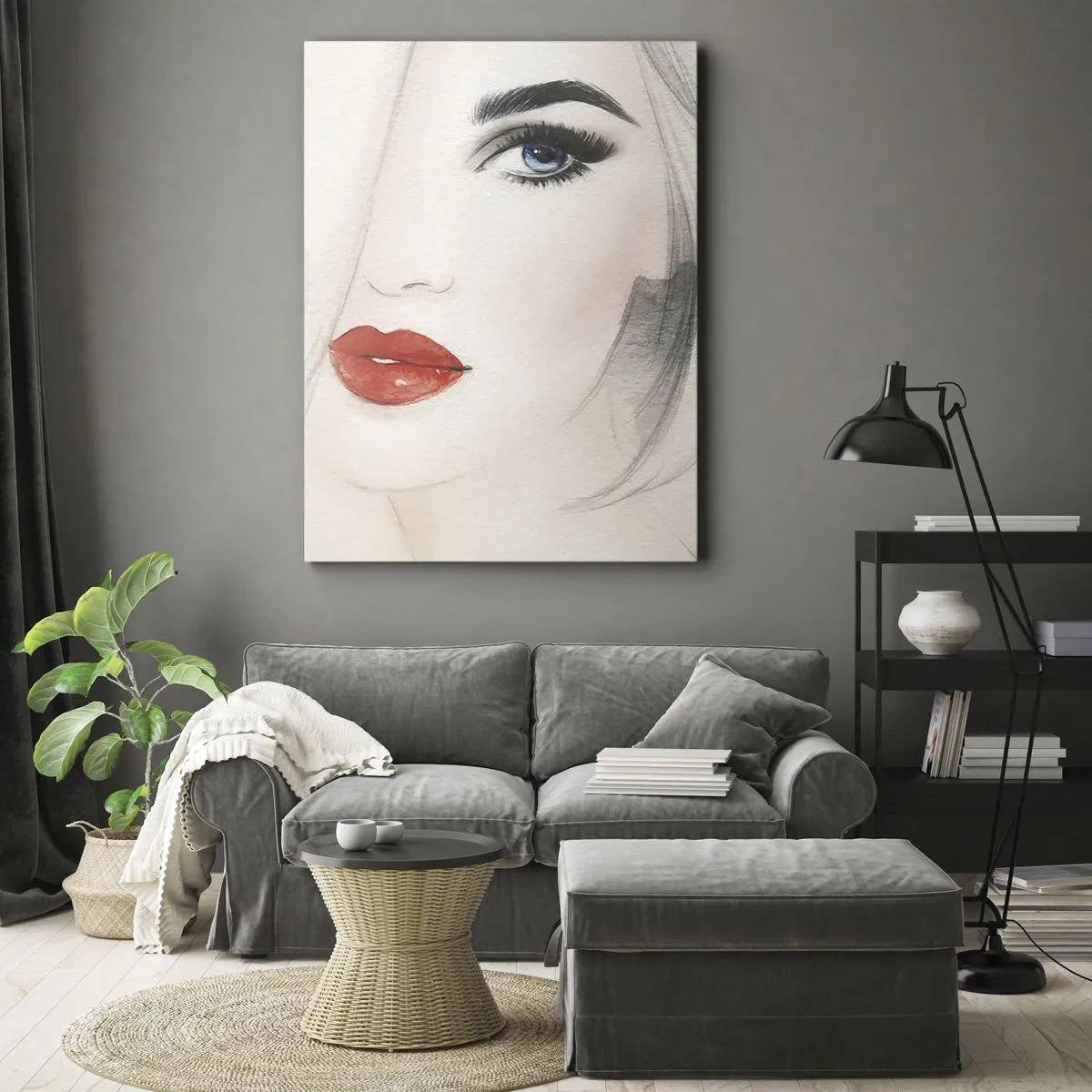 Quadro su tela - Stampe su Tela - Un ritratto minimalista di una donna con occhi azzurri e labbra rosse. - 80x120cm - Ipnotizza e inebria - Decorazione murale moderna per soggiorno e camera da letto ARTTOR