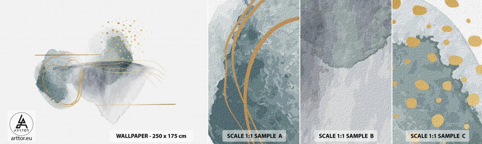 Campione di Fotomurale Adesivo Deluxe Sticker - Sui legami del grigio e dell'oro - Astrazione, Pezzo, Forme interessanti - 100x30 cm