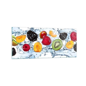 Quadro su vetro - Frutti colorati immersi in schizzi d'acqua su uno sfondo bianco - 120x50cm - Gioca con noi - Decorazione murale moderna per soggiorno e camera da letto ARTTOR