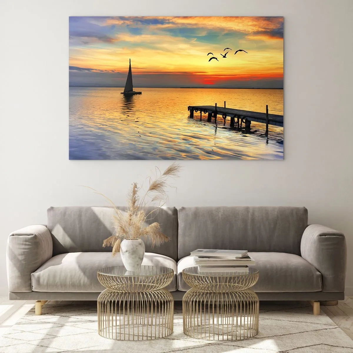 Quadro su vetro - Barca a vela e molo al tramonto su un lago calmo - 120x80cm - Il ritorno alla sera - Decorazione murale moderna per soggiorno e camera da letto ARTTOR