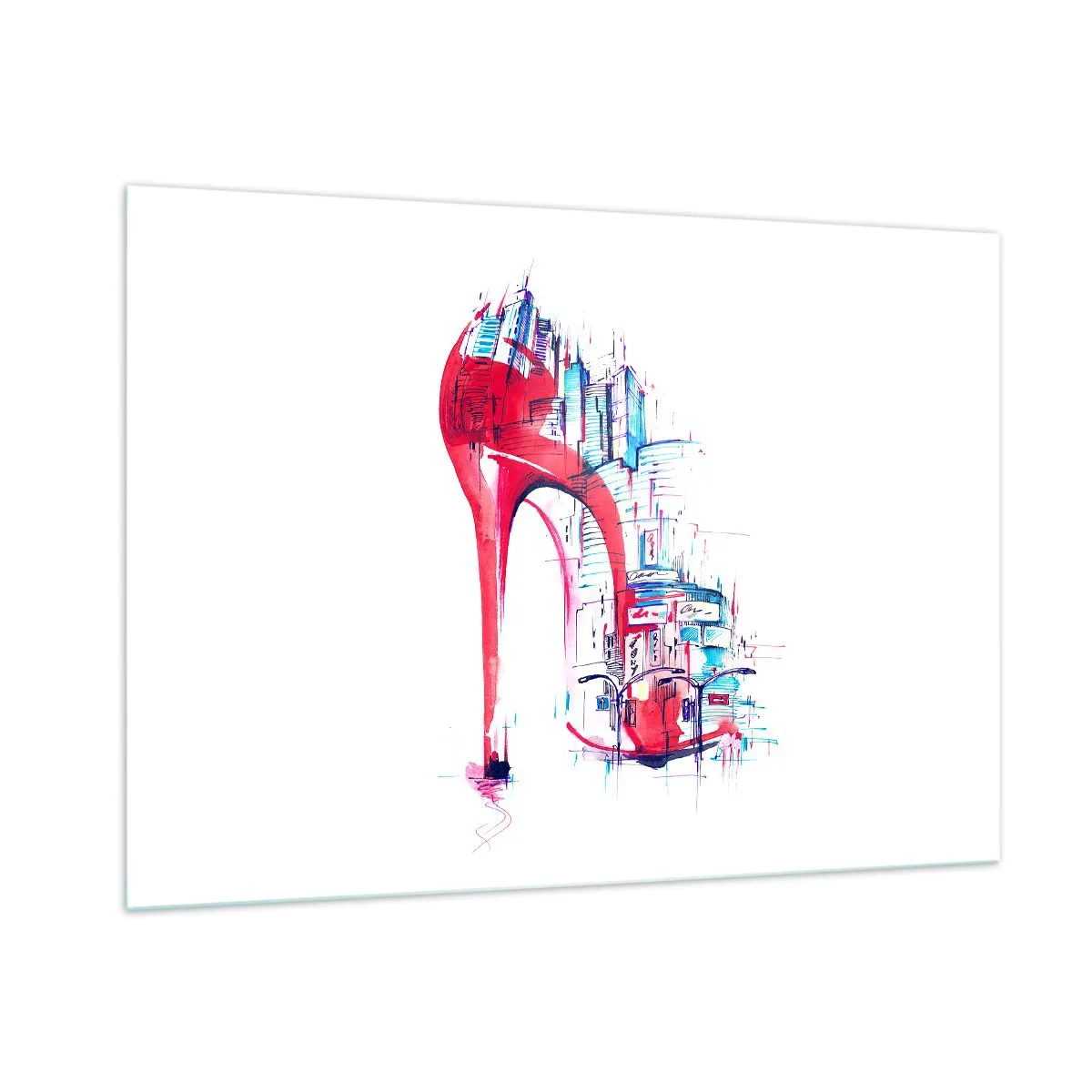 Quadro su vetro - Stiletto rosso con motivo di architettura urbana - 100x70cm - Elegante nella grande città - Decorazione murale moderna per soggiorno e camera da letto ARTTOR