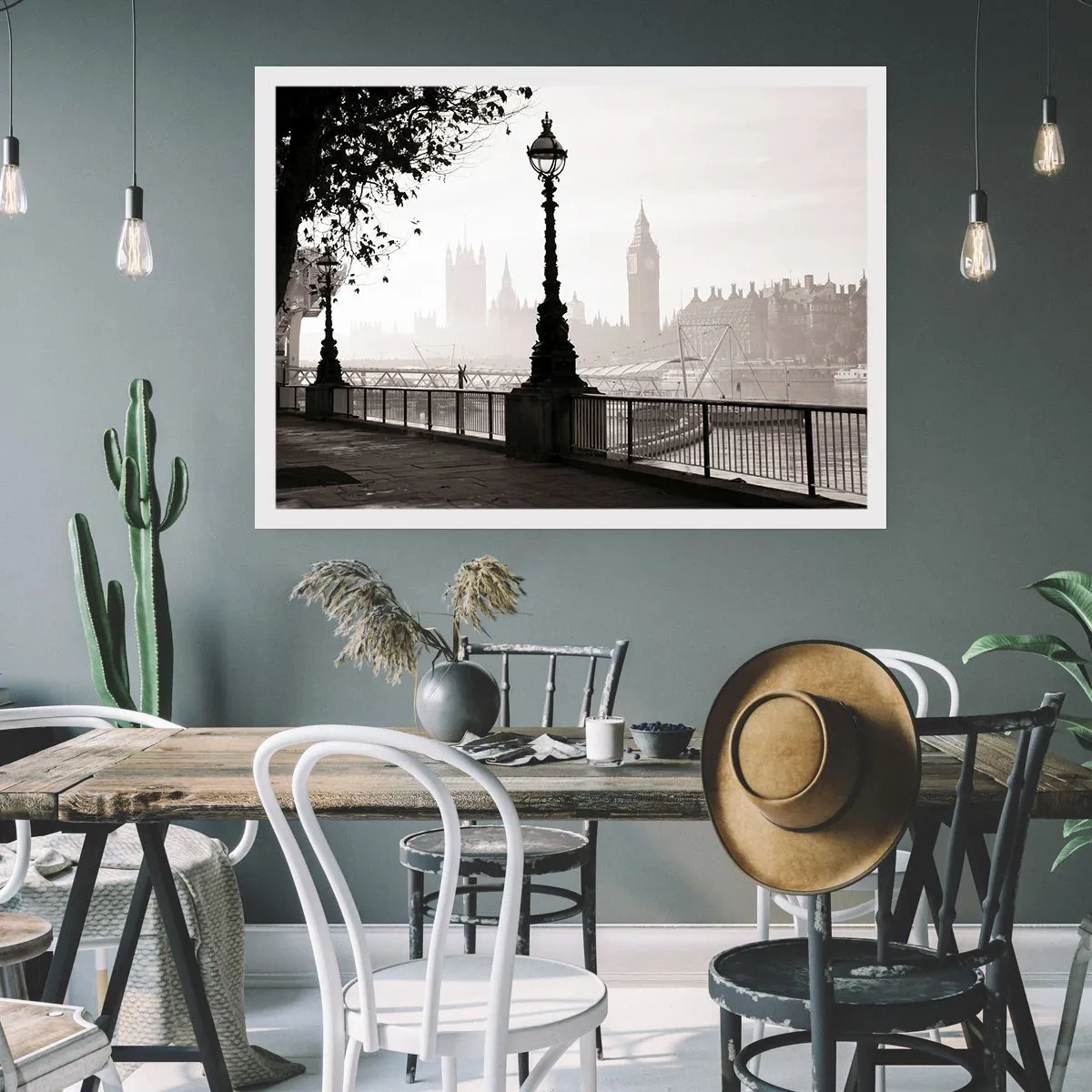 Poster - Una vista monocromatica del Big Ben e del Tamigi. - 100x70cm - Un mattino a Londra - Decorazione murale moderna per soggiorno e camera da letto ARTTOR