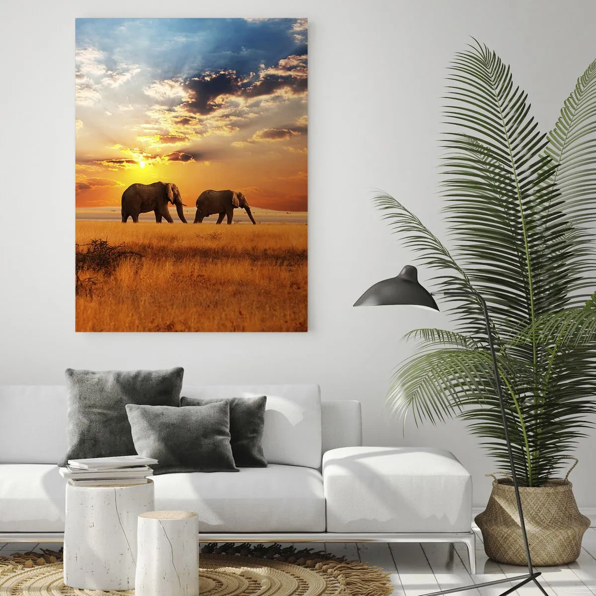 Quadro su vetro - Elefanti nella savana al tramonto - 70x100cm - Passeggiata familiare - Decorazione murale moderna per soggiorno e camera da letto ARTTOR