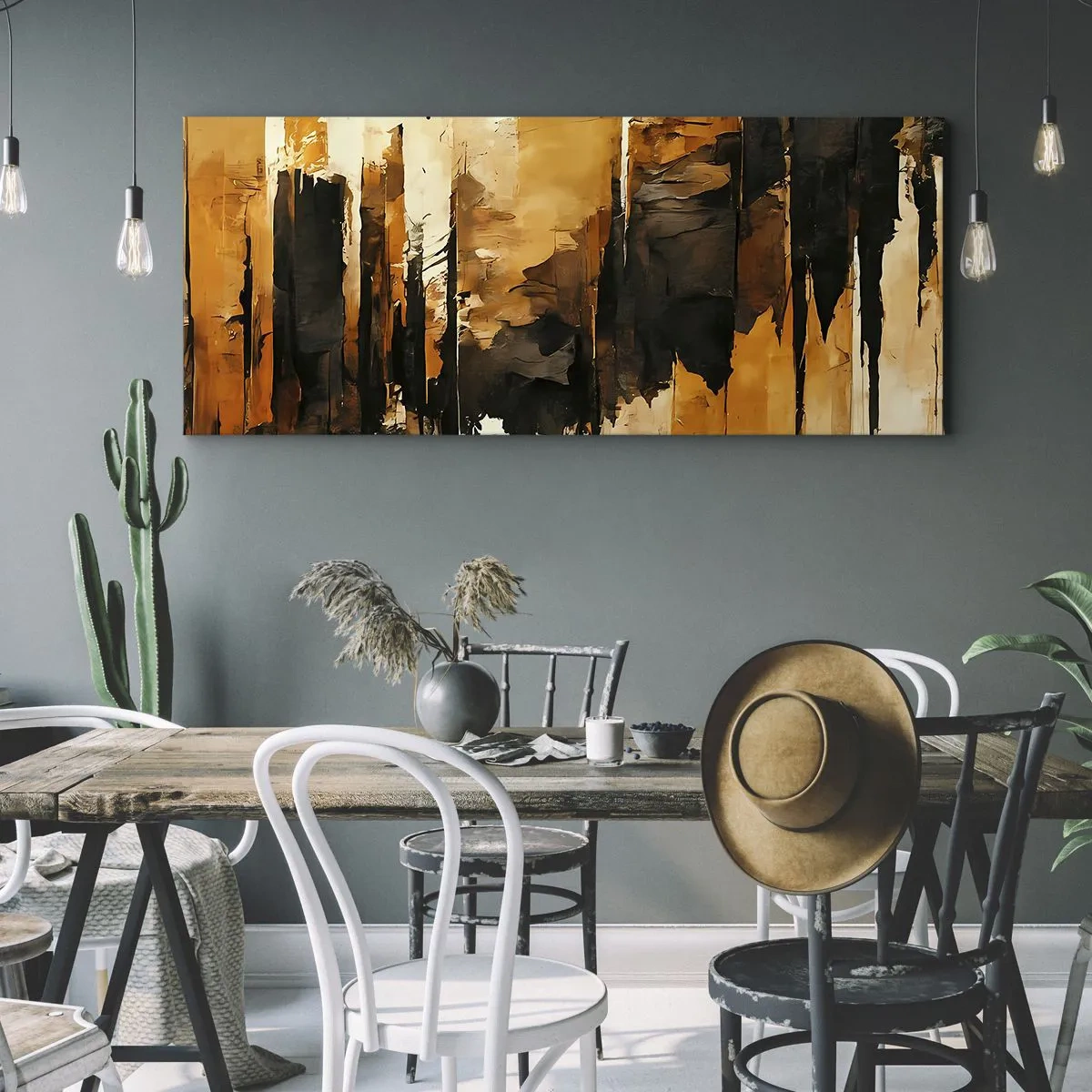 Quadro su tela - Stampe su Tela - Strisce astratte dorate e nere in una composizione artistica - 160x50cm - Armonia di nero e oro - Decorazione murale moderna per soggiorno e camera da letto ARTTOR