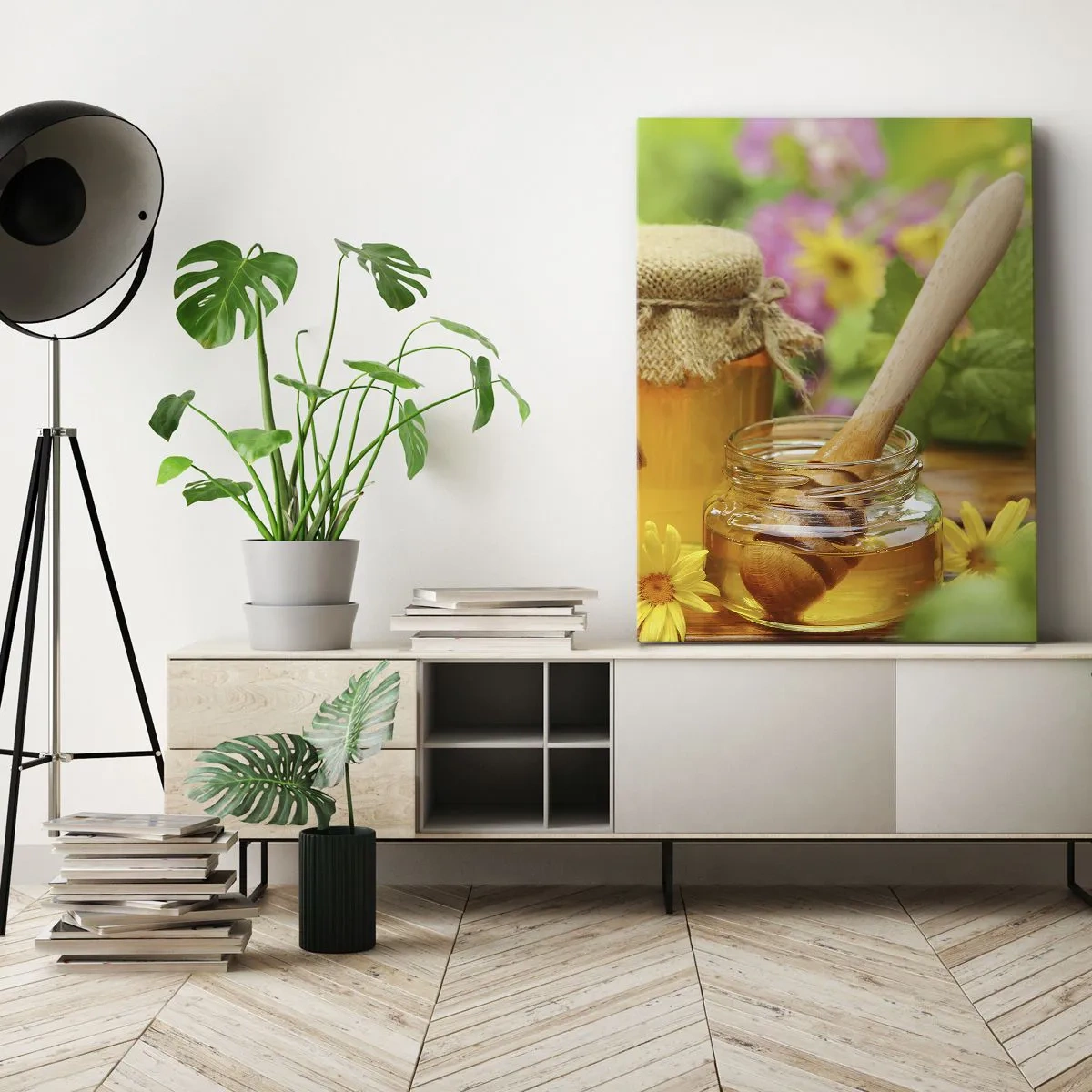 Quadro su tela - Stampe su Tela - Vasetti di miele con fiori sullo sfondo di un giardino estivo - 50x70cm - Dolce miele di fiori - Decorazione murale moderna per soggiorno e camera da letto ARTTOR