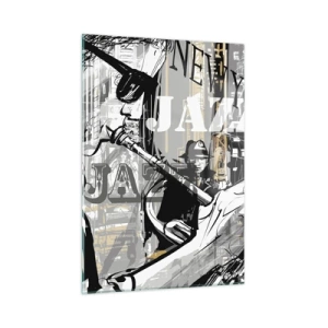 Quadro su vetro - Un elegante disegno di un musicista jazz che suona la tromba in un'ambientazione newyorkese. - 50x70cm - Al ritmo di New York - Decorazione murale moderna per soggiorno e camera da letto ARTTOR
