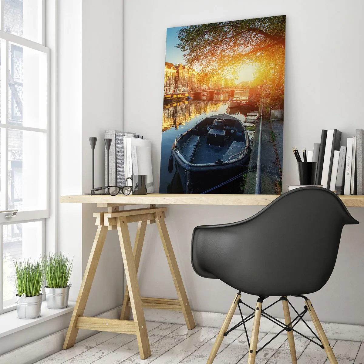 Quadro su vetro - Canale di Amsterdam al tramonto - 80x120cm - L'alba ad Amsterdam - Decorazione murale moderna per soggiorno e camera da letto ARTTOR