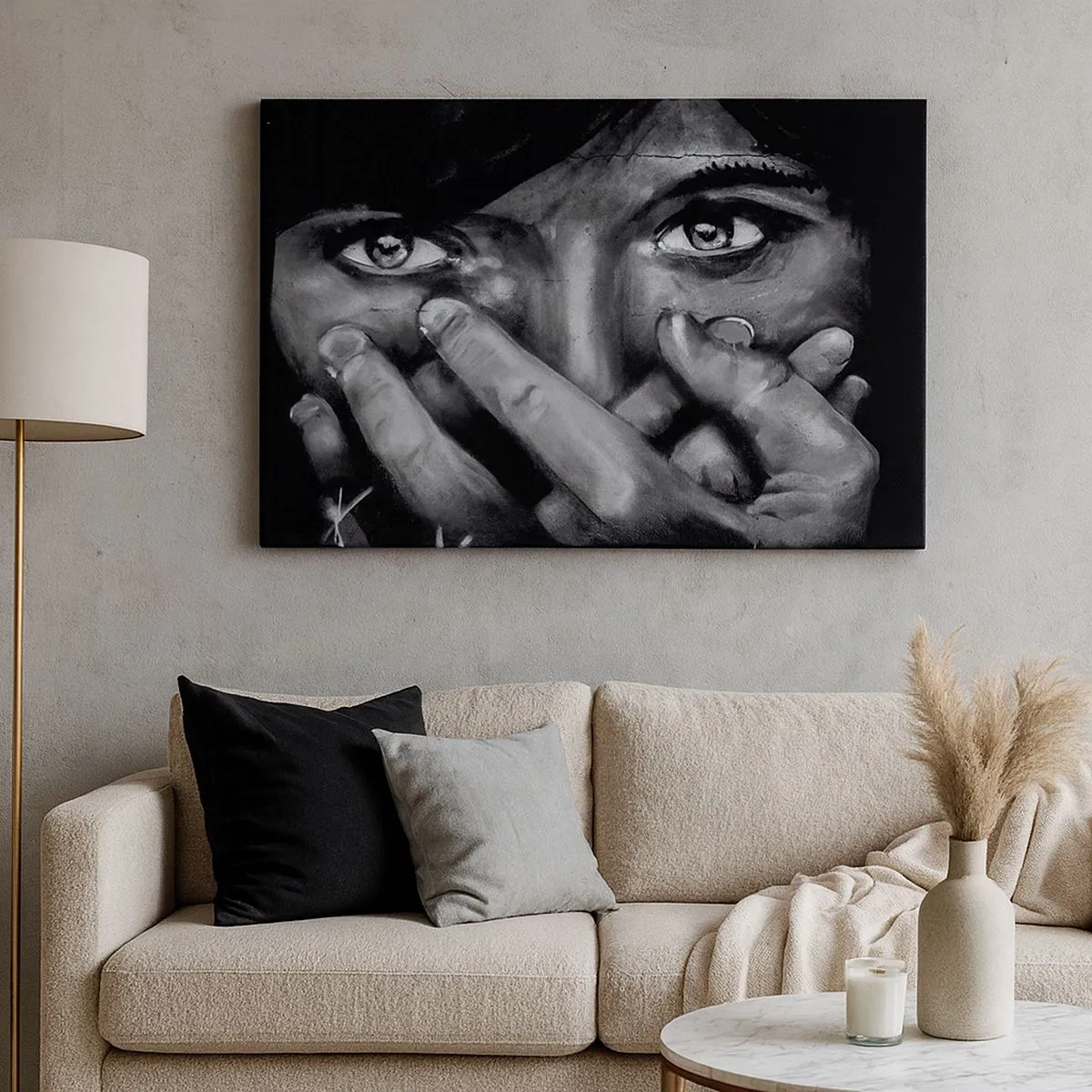 Quadro su tela - Stampe su Tela - Ritratto in bianco e nero di una donna che si copre il viso con le mani. - 70x50cm - Non dico chi l'ha dipinto - Decorazione murale moderna per soggiorno e camera da letto ARTTOR