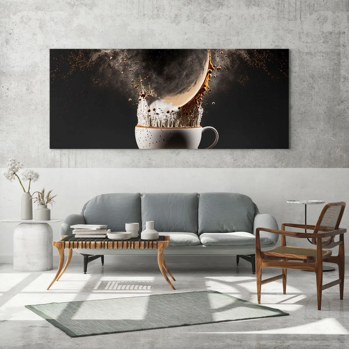 Quadro su vetro - Una tazza di caffè con un'esplosione dinamica di liquido su uno sfondo nero. - 160x50cm - Esplosione di sapore - Decorazione murale moderna per soggiorno e camera da letto ARTTOR