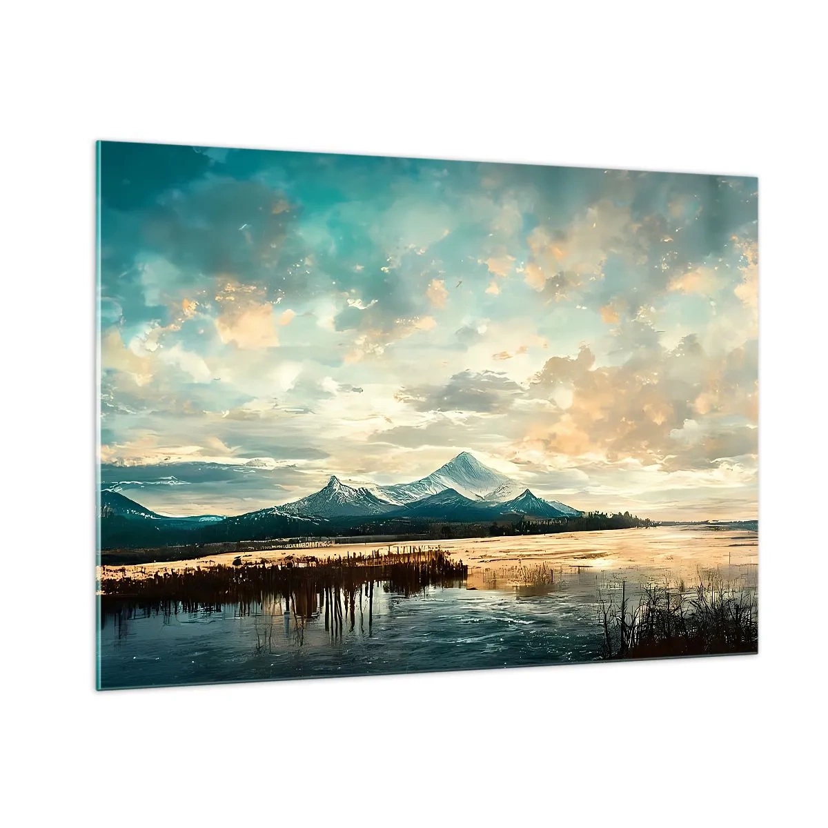Quadro su vetro - Paesaggio invernale con montagne e un lago ghiacciato - 100x70cm - Sotto la protezione del cielo - Decorazione murale moderna per soggiorno e camera da letto ARTTOR