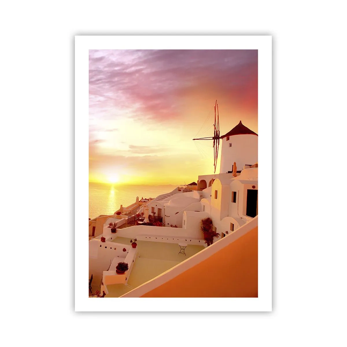 Poster - Un tramonto pittoresco in una città greca - 50x70cm - Sciogliersi nel bianco e nell'oro - Decorazione murale moderna per soggiorno e camera da letto ARTTOR