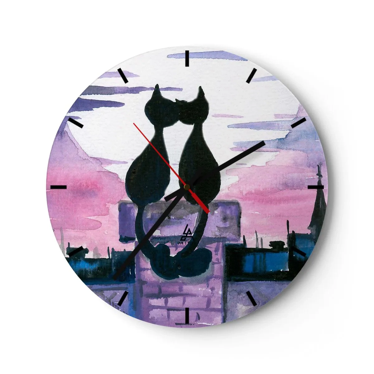 Orologio da parete - Orologio in Vetro - Sagome di due gatti contro il cielo rosa - 30x30cm - Appuntamento sotto la luna - Decorazione murale moderna per soggiorno, cucina e camera da letto ARTTOR