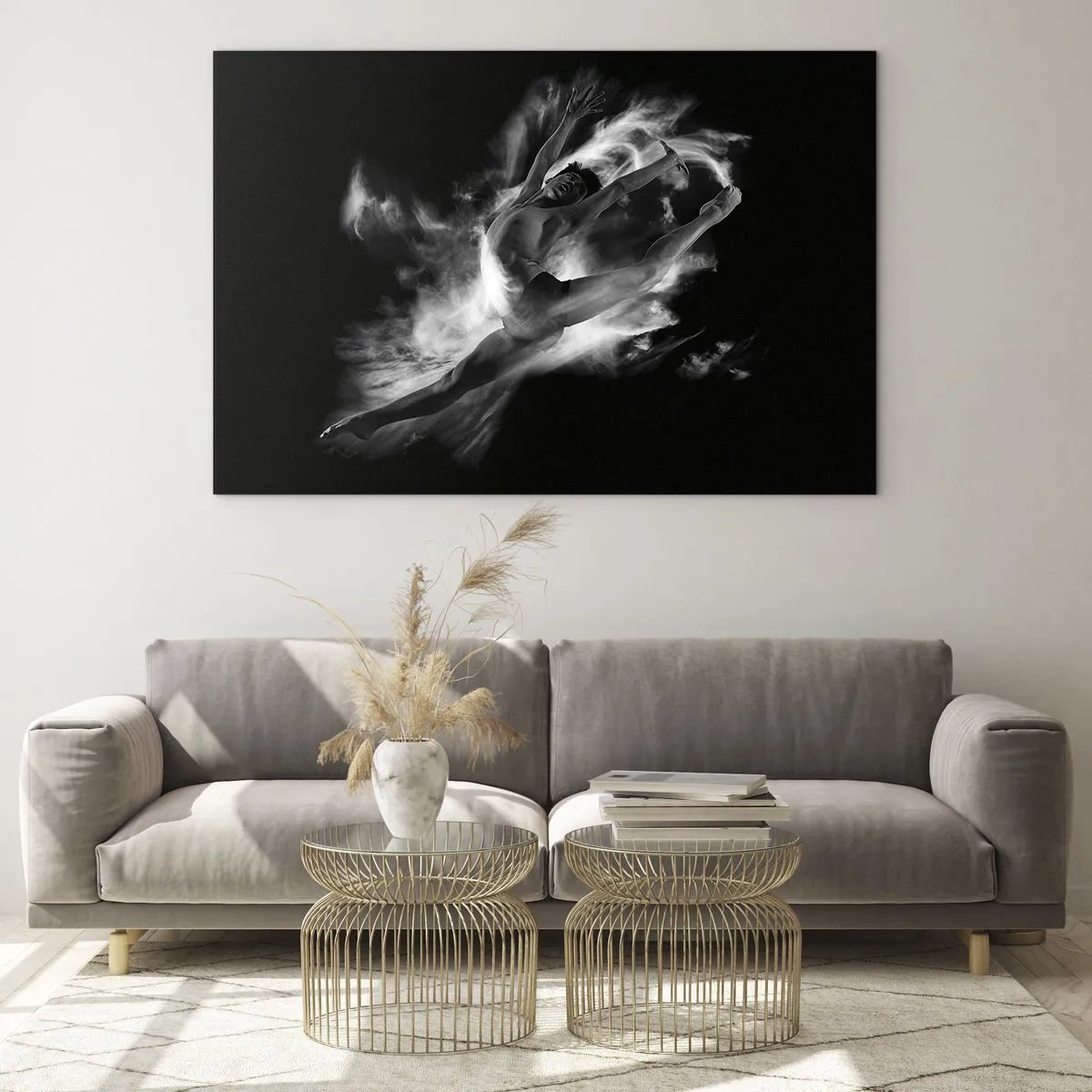 Quadro su vetro - Silhouette in bianco e nero di una ballerina in movimento dinamico - 120x80cm - Fermo in volo - Decorazione murale moderna per soggiorno e camera da letto ARTTOR