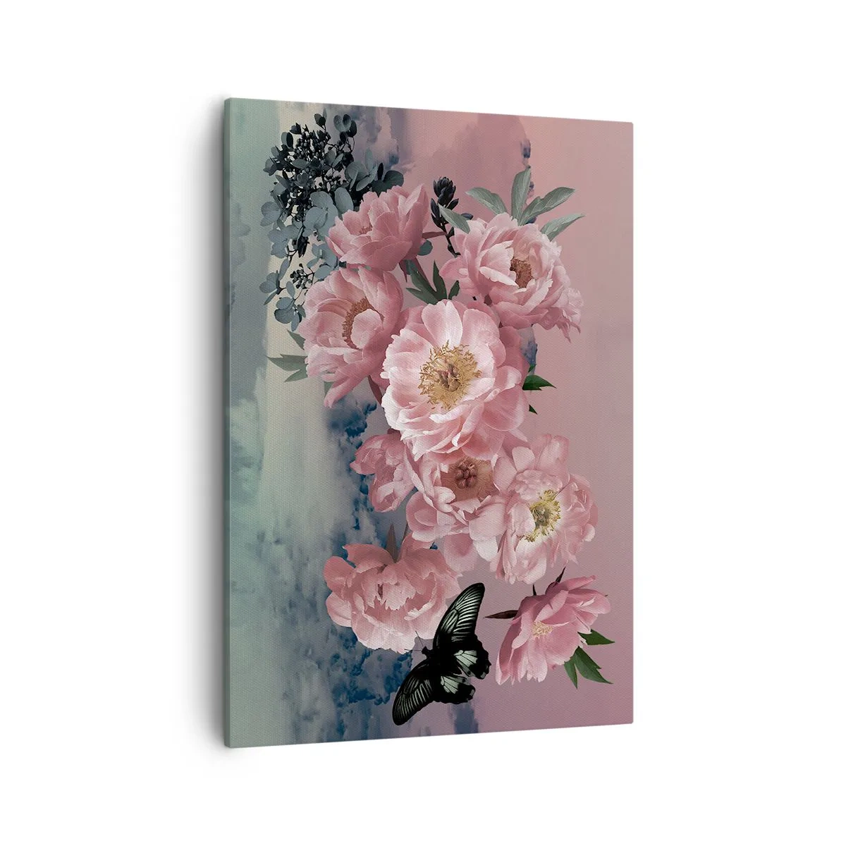 Quadro su tela - Stampe su Tela - Peonie rosa con farfalla su sfondo pastello - 50x70cm - L'apice della romanticità - Decorazione murale moderna per soggiorno e camera da letto ARTTOR