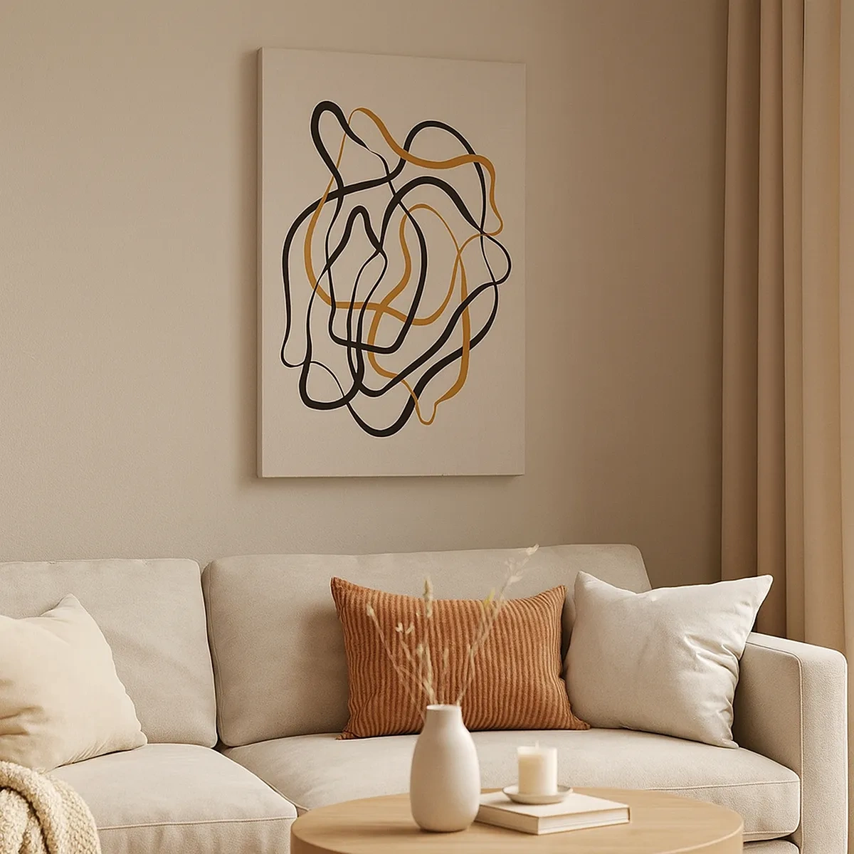 Quadro su tela - Stampe su Tela - Linee aggrovigliate in nero e oro su uno sfondo chiaro - 50x70cm - Tutto è andato storto - Decorazione murale moderna per soggiorno e camera da letto ARTTOR