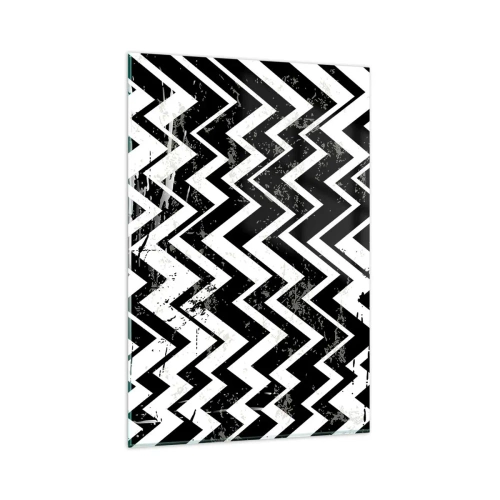 Quadro su vetro - Motivo a zigzag bianco e nero con abrasioni artistiche - 80x120cm - Zig-bianco, zag-nero - Decorazione murale moderna per soggiorno e camera da letto ARTTOR