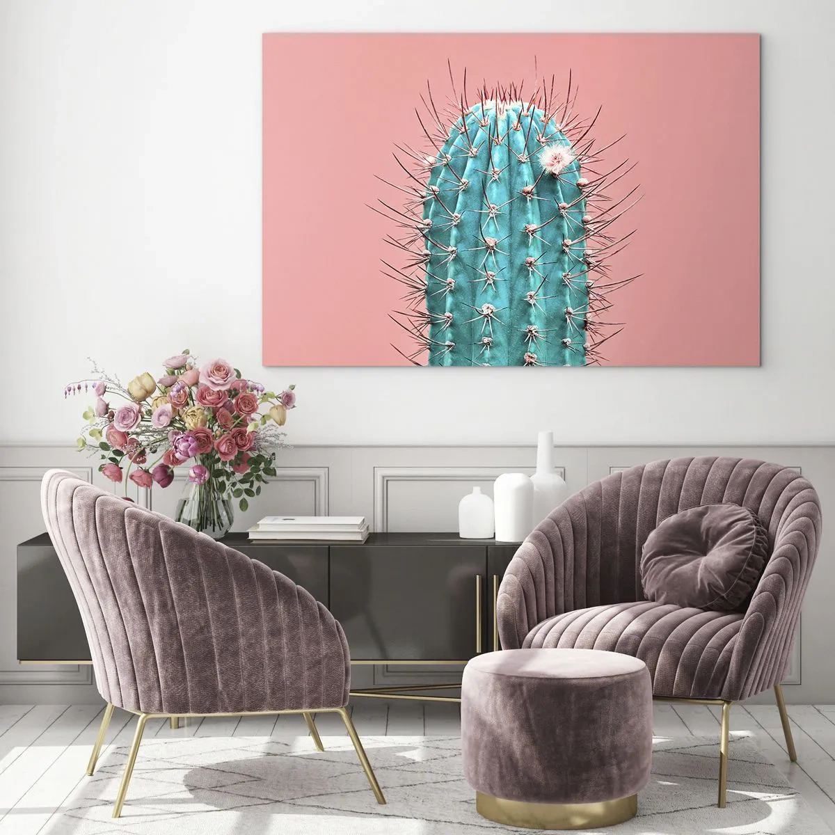 Quadro su vetro - Cactus verde con spine su sfondo rosa - 100x70cm - Stai attento - Decorazione murale moderna per soggiorno e camera da letto ARTTOR