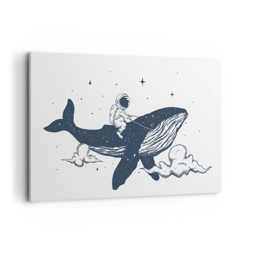 Quadro su tela - Stampe su Tela - Astronauta su una balena che galleggia nello spazio - 120x80cm - Avventura nello spazio - Decorazione murale moderna per soggiorno e camera da letto ARTTOR