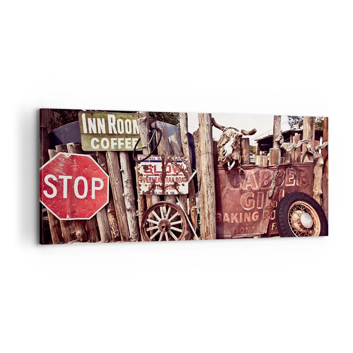 Quadro su tela - Stampe su Tela - Decorazioni rustiche con cartelli e una ruota sulla recinzione - 120x50cm - E il tempo si è fermato - Decorazione murale moderna per soggiorno e camera da letto ARTTOR