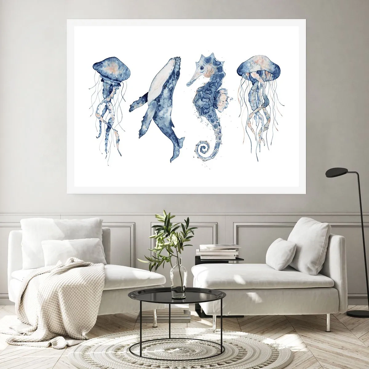 Poster - Medusa, balena e cavalluccio marino in stile acquerello - 100x70cm - Meraviglie del mare - Decorazione murale moderna per soggiorno e camera da letto ARTTOR