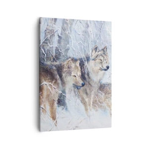 Quadro su tela - Stampe su Tela - Lupi in una foresta invernale contro uno sfondo innevato - 50x70cm - Attenzione! In arrivo... - Decorazione murale moderna per soggiorno e camera da letto ARTTOR