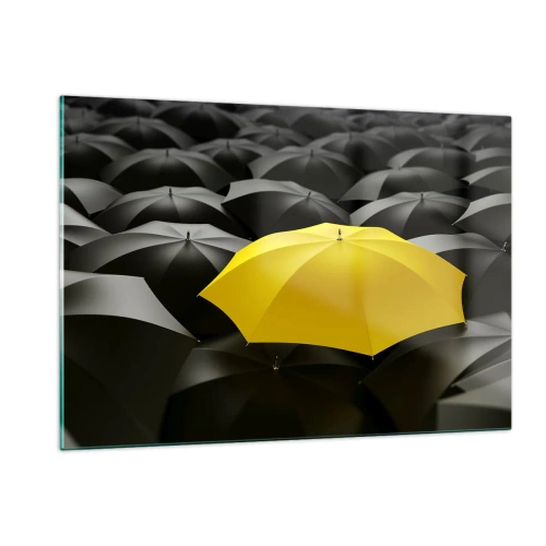 Quadro su vetro - Un ombrello giallo che spicca tra quelli neri - 120x80cm - Addio tristezza - Decorazione murale moderna per soggiorno e camera da letto ARTTOR