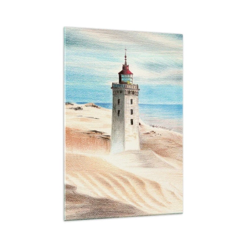 Quadro su vetro - Un faro circondato da dune di sabbia e un cielo azzurro - 70x100cm - Sempre guardando il mare - Decorazione murale moderna per soggiorno e camera da letto ARTTOR