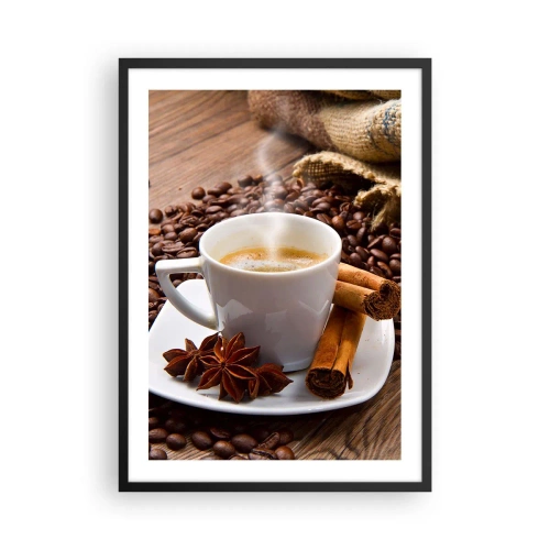 Poster in cornice nera - Una tazza di caffè con spezie su uno sfondo di chicchi di caffè - 50x70cm - Sapore e profumo speziato - Decorazione murale moderna per soggiorno e camera da letto ARTTOR
