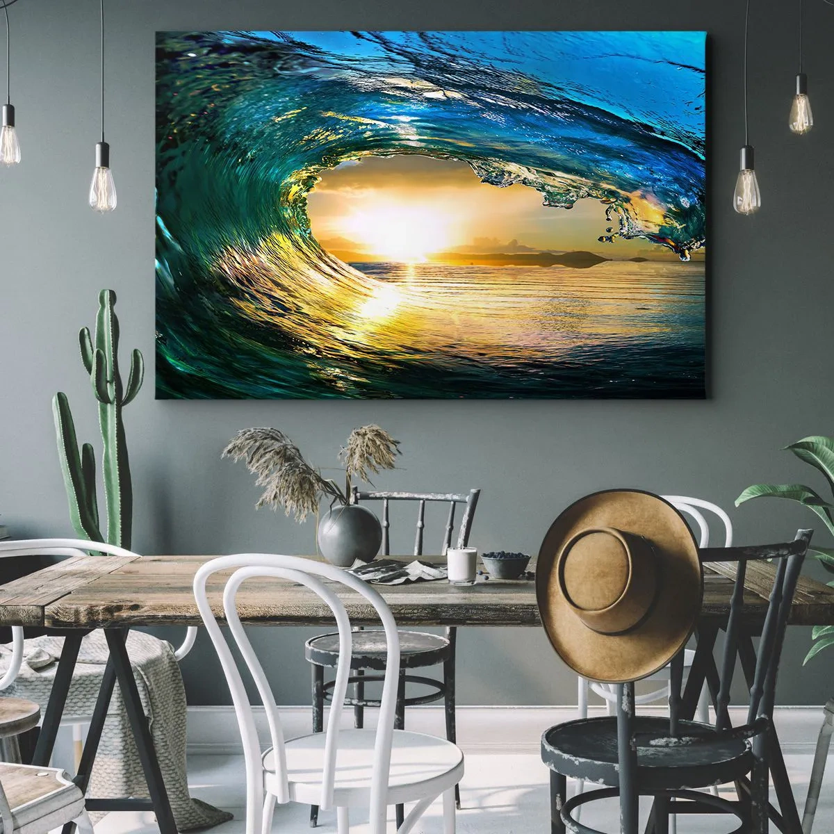 Quadro su tela - Stampe su Tela - Onda dell'oceano al sole con vista sull'orizzonte - 70x50cm - Nel cristallo oro e smeraldo - Decorazione murale moderna per soggiorno e camera da letto ARTTOR